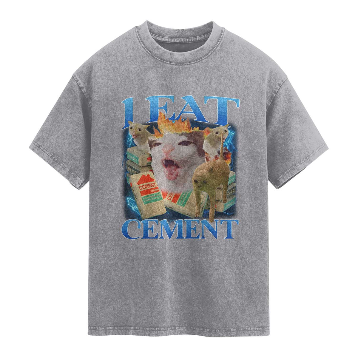 I Eat Cement Cursed Cat Washed Cotton T-Shirt Funny Cat Meme Ironic TS10 Slate Gray Print Your Wear