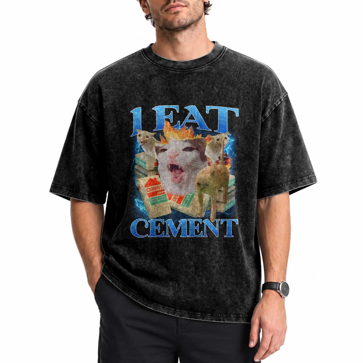 I Eat Cement Cursed Cat Washed Cotton T-Shirt Funny Cat Meme Ironic TS10 Print Your Wear