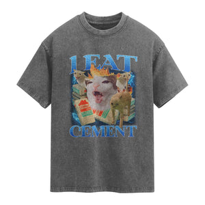 I Eat Cement Cursed Cat Washed Cotton T-Shirt Funny Cat Meme Ironic TS10 Charcoal Print Your Wear