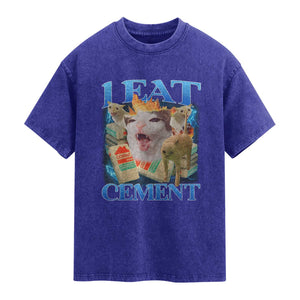 I Eat Cement Cursed Cat Washed Cotton T-Shirt Funny Cat Meme Ironic TS10 Indigo Blue Print Your Wear