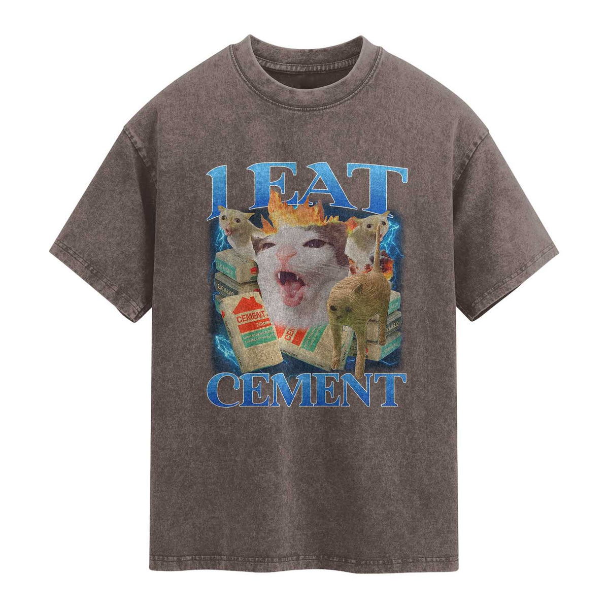 I Eat Cement Cursed Cat Washed Cotton T-Shirt Funny Cat Meme Ironic TS10 Brown Print Your Wear