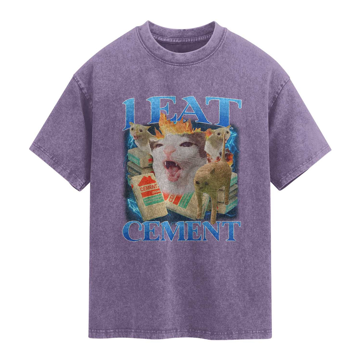 I Eat Cement Cursed Cat Washed Cotton T-Shirt Funny Cat Meme Ironic TS10 Purple Print Your Wear