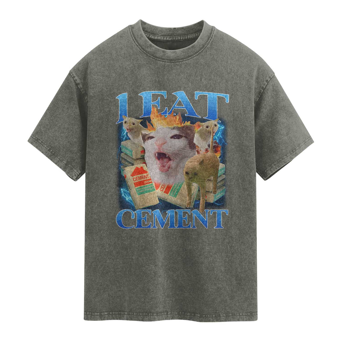 I Eat Cement Cursed Cat Washed Cotton T-Shirt Funny Cat Meme Ironic TS10 Olive Green Print Your Wear