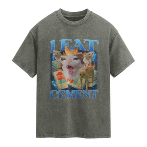 I Eat Cement Cursed Cat Washed Cotton T-Shirt Funny Cat Meme Ironic TS10 Olive Green Print Your Wear
