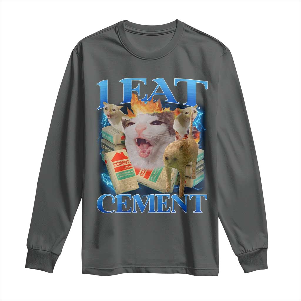 I Eat Cement Cursed Cat Long Sleeve Shirt Funny Cat Meme Ironic TS10 Dark Heather Print Your Wear