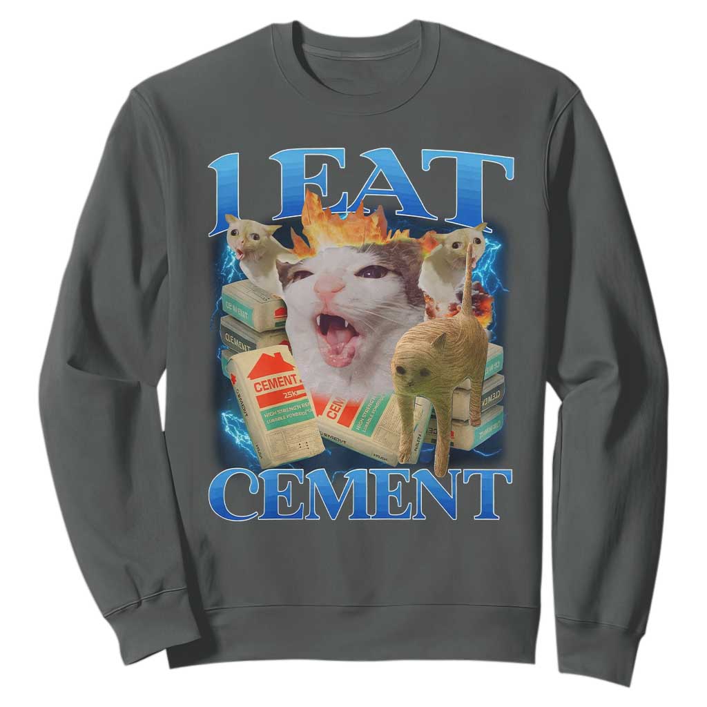I Eat Cement Cursed Cat Sweatshirt Funny Cat Meme Ironic TS10 Dark Heather Print Your Wear