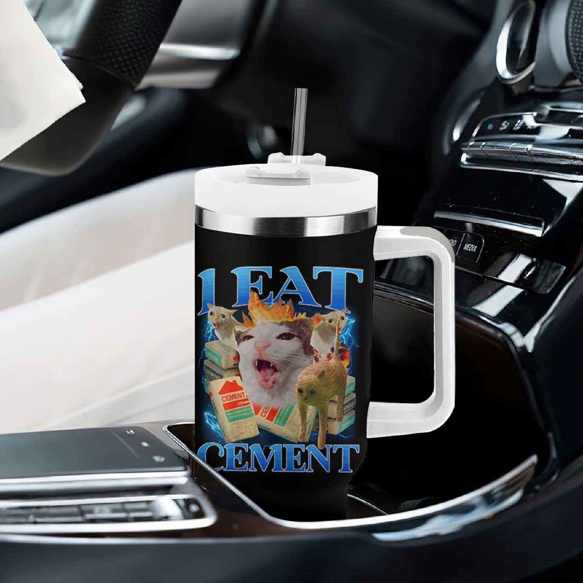 I Eat Cement Cursed Cat Tumbler With Handle Funny Cat Meme Ironic TS10 Print Your Wear