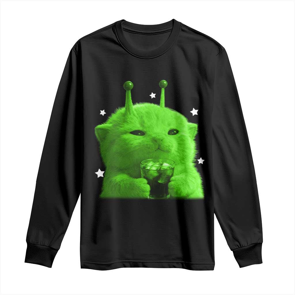 Funny Alien Cat Meme Long Sleeve Shirt Funny Kitten 90s Retro Vintage Graphic Weird Cats Y2k TS10 Black Print Your Wear