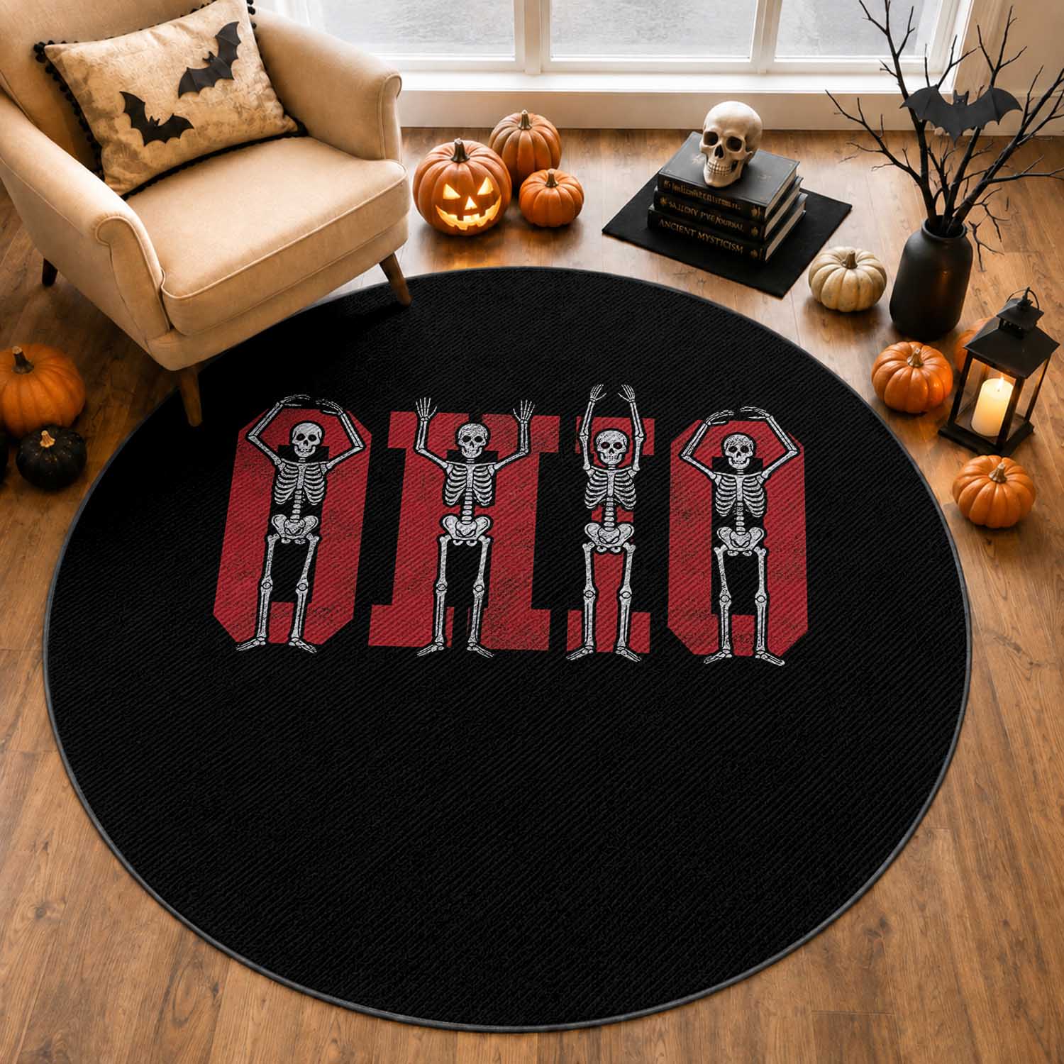O-H-I-O State Round Rug Funny Skeletons Ohio Vintage Halloween Team