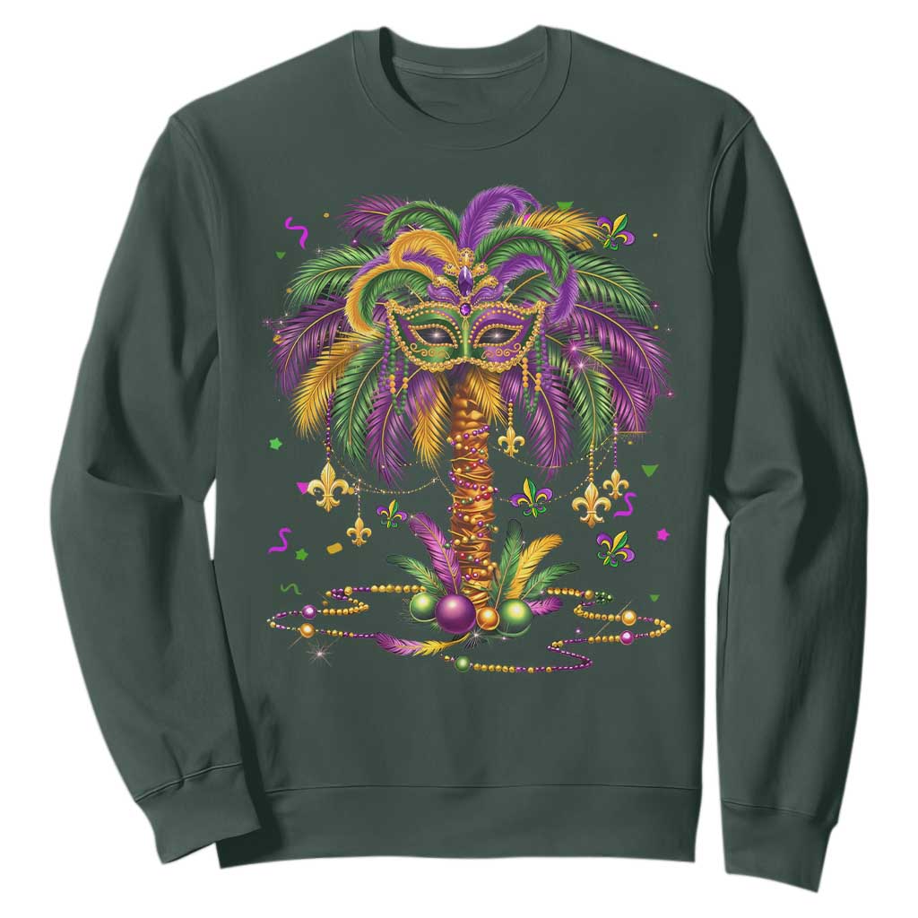 Mardi Gras Bead Tree Sweatshirt Carnival New Orleans Hawaiian Tropical Palm Tree 2025 TS10 Dark Forest Green Print Your Wear