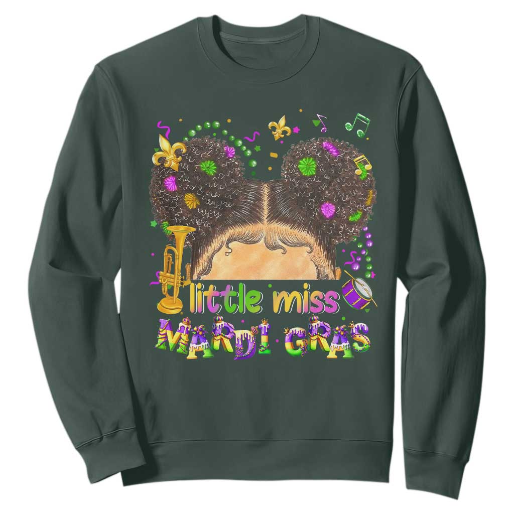 Little Miss Mardi Gras Afro Messy Bun Girls Sweatshirt TS10 Dark Forest Green Print Your Wear