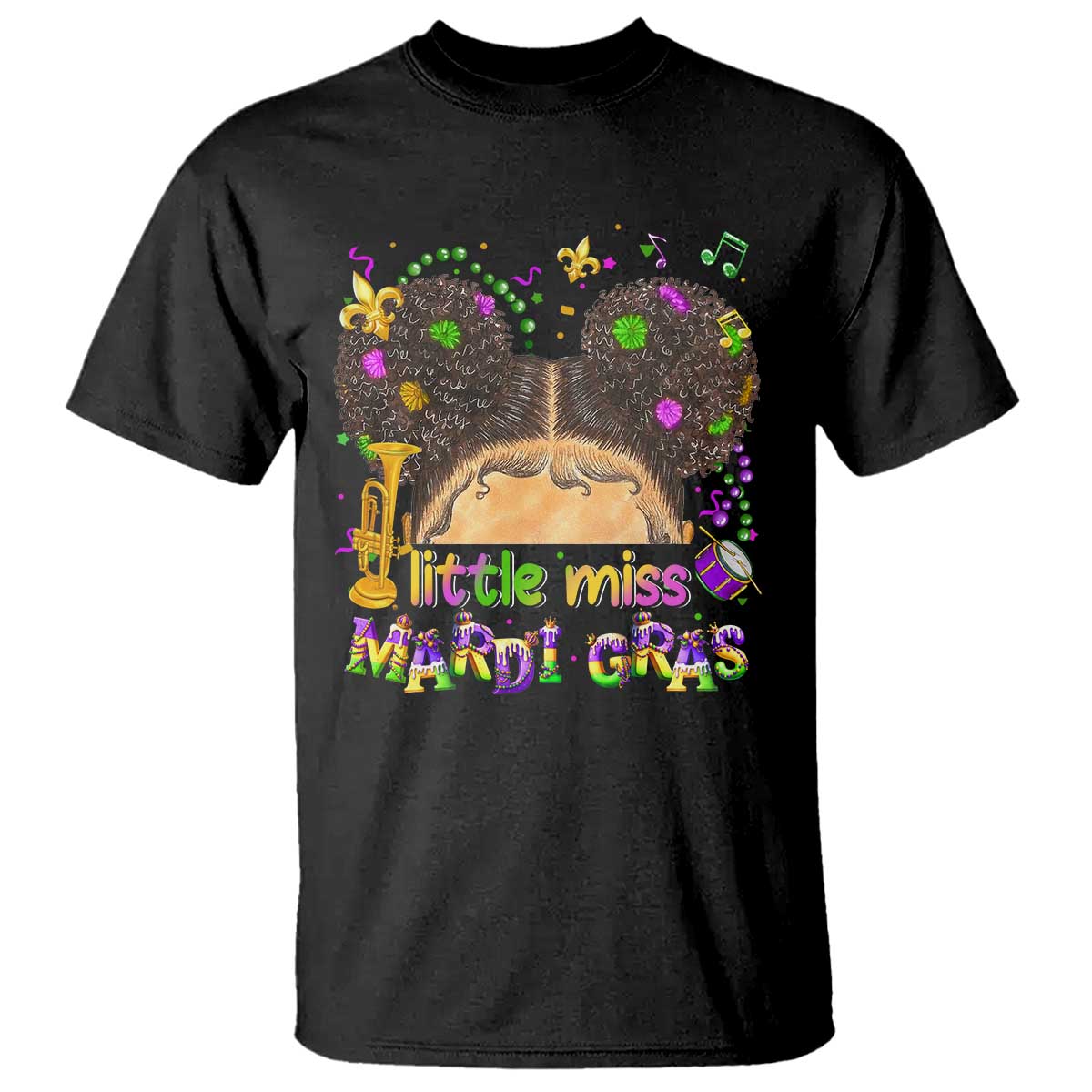 Little Miss Mardi Gras Afro Messy Bun Girls T Shirt TS10 Black Print Your Wear
