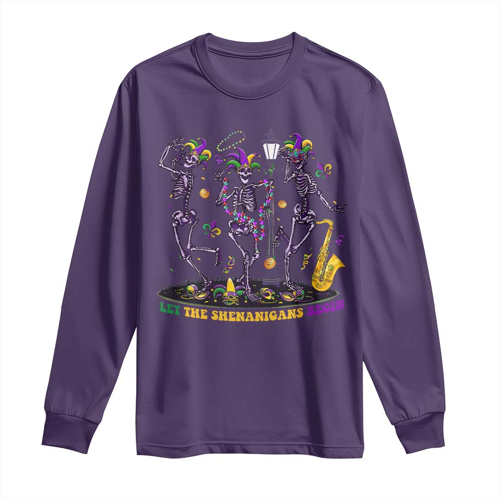 Funny Mardi Gras Long Sleeve Shirt Dancing Skeleton Let The Shenanigans Begin TS10 Purple Print Your Wear