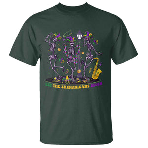 Funny Mardi Gras T Shirt Dancing Skeleton Let The Shenanigans Begin TS10 Dark Forest Green Print Your Wear