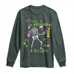 Funny Mardi Gras Long Sleeve Shirt Let The Shenanigans Begin Juggling Skeleton TS10 Dark Forest Green Print Your Wear