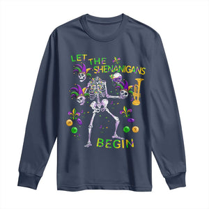 Funny Mardi Gras Long Sleeve Shirt Let The Shenanigans Begin Juggling Skeleton TS10 Navy Print Your Wear