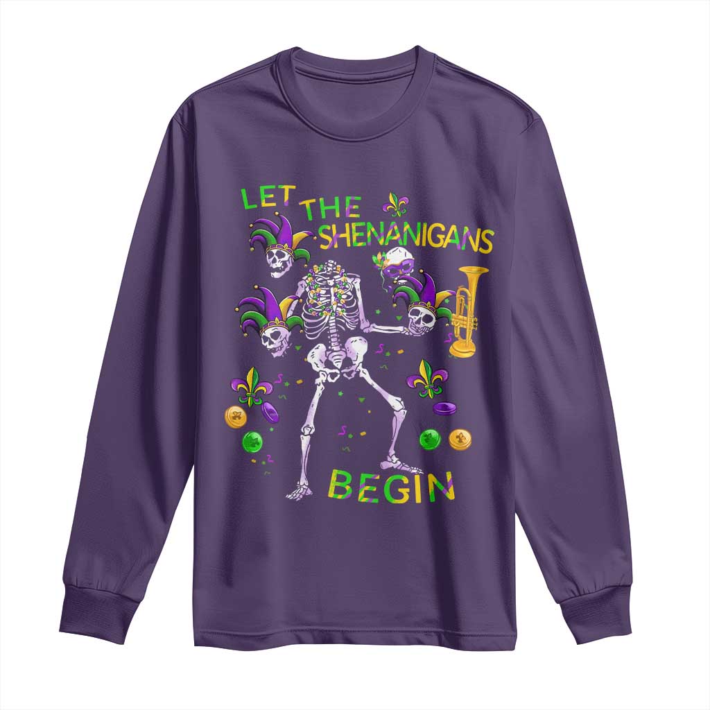 Funny Mardi Gras Long Sleeve Shirt Let The Shenanigans Begin Juggling Skeleton TS10 Purple Print Your Wear