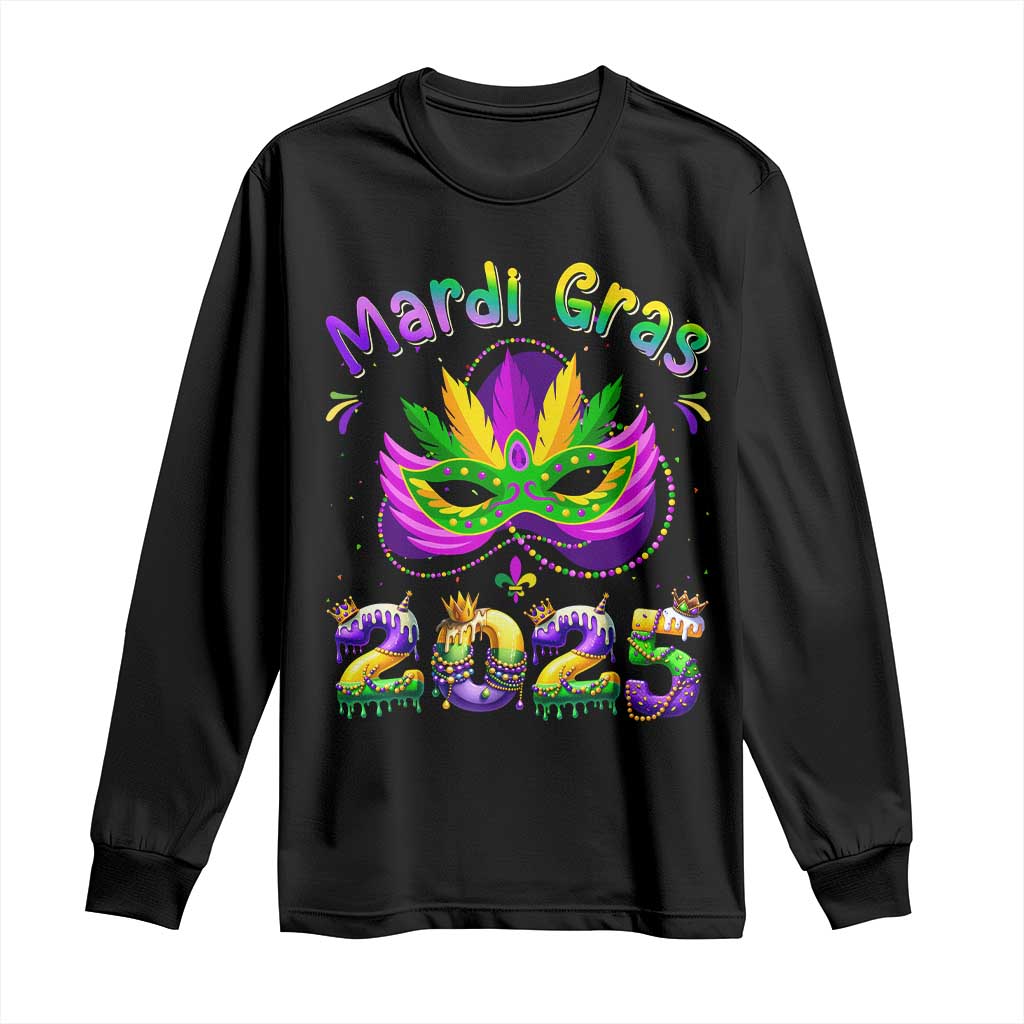 Happy Mardi Gras 2025 Long Sleeve Shirt Masquerade Mask Carnival New Orleans Trip TS10 Black Print Your Wear