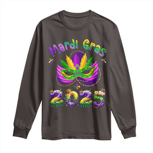 Happy Mardi Gras 2025 Long Sleeve Shirt Masquerade Mask Carnival New Orleans Trip TS10 Dark Chocolate Print Your Wear