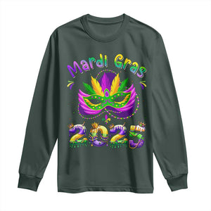 Happy Mardi Gras 2025 Long Sleeve Shirt Masquerade Mask Carnival New Orleans Trip TS10 Dark Forest Green Print Your Wear