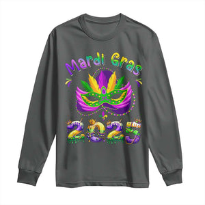 Happy Mardi Gras 2025 Long Sleeve Shirt Masquerade Mask Carnival New Orleans Trip TS10 Dark Heather Print Your Wear