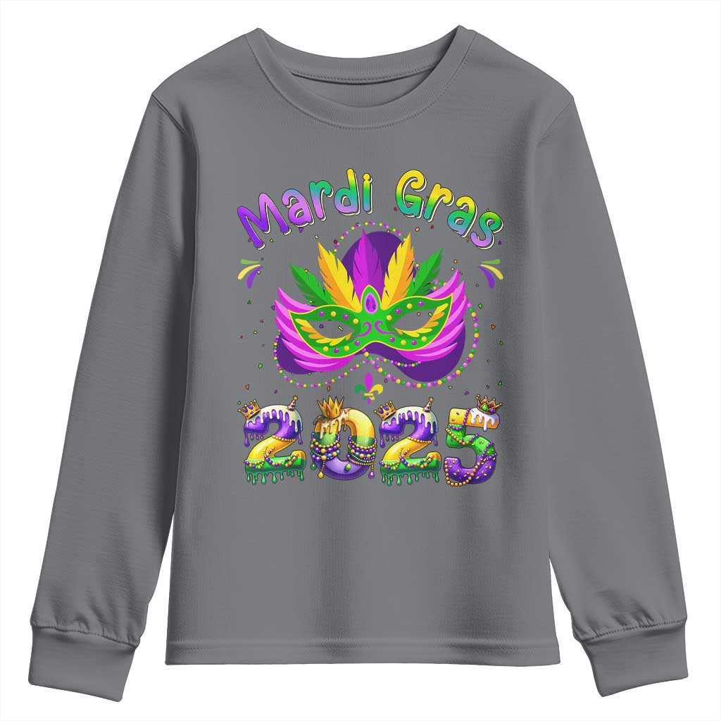 Happy Mardi Gras 2025 Youth Sweatshirt Masquerade Mask Carnival New Orleans Trip TS10 Charcoal Print Your Wear