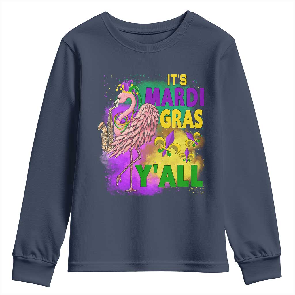 Its Mardi Gras Yall Youth Sweatshirt Funny Carnival Flamingo TS10 Navy Print Your Wear