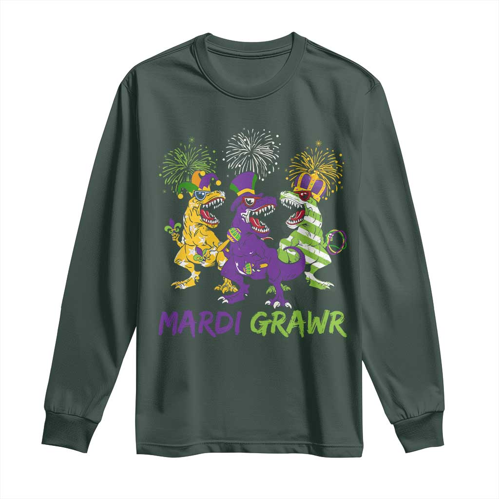 Mardi Gras Dinosaur Long Sleeve Shirt Dino Mardi Grawr Firework TS10 Dark Forest Green Print Your Wear