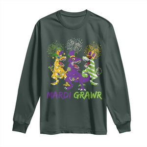 Mardi Gras Dinosaur Long Sleeve Shirt Dino Mardi Grawr Firework TS10 Dark Forest Green Print Your Wear