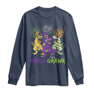 Mardi Gras Dinosaur Long Sleeve Shirt Dino Mardi Grawr Firework TS10 Navy Print Your Wear