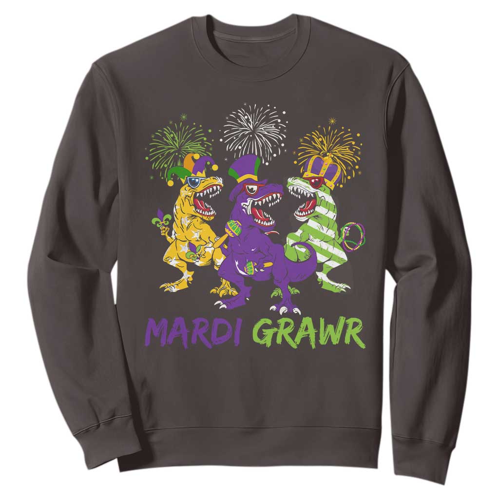 Mardi Gras Dinosaur Sweatshirt Dino Mardi Grawr Firework TS10 Dark Chocolate Print Your Wear