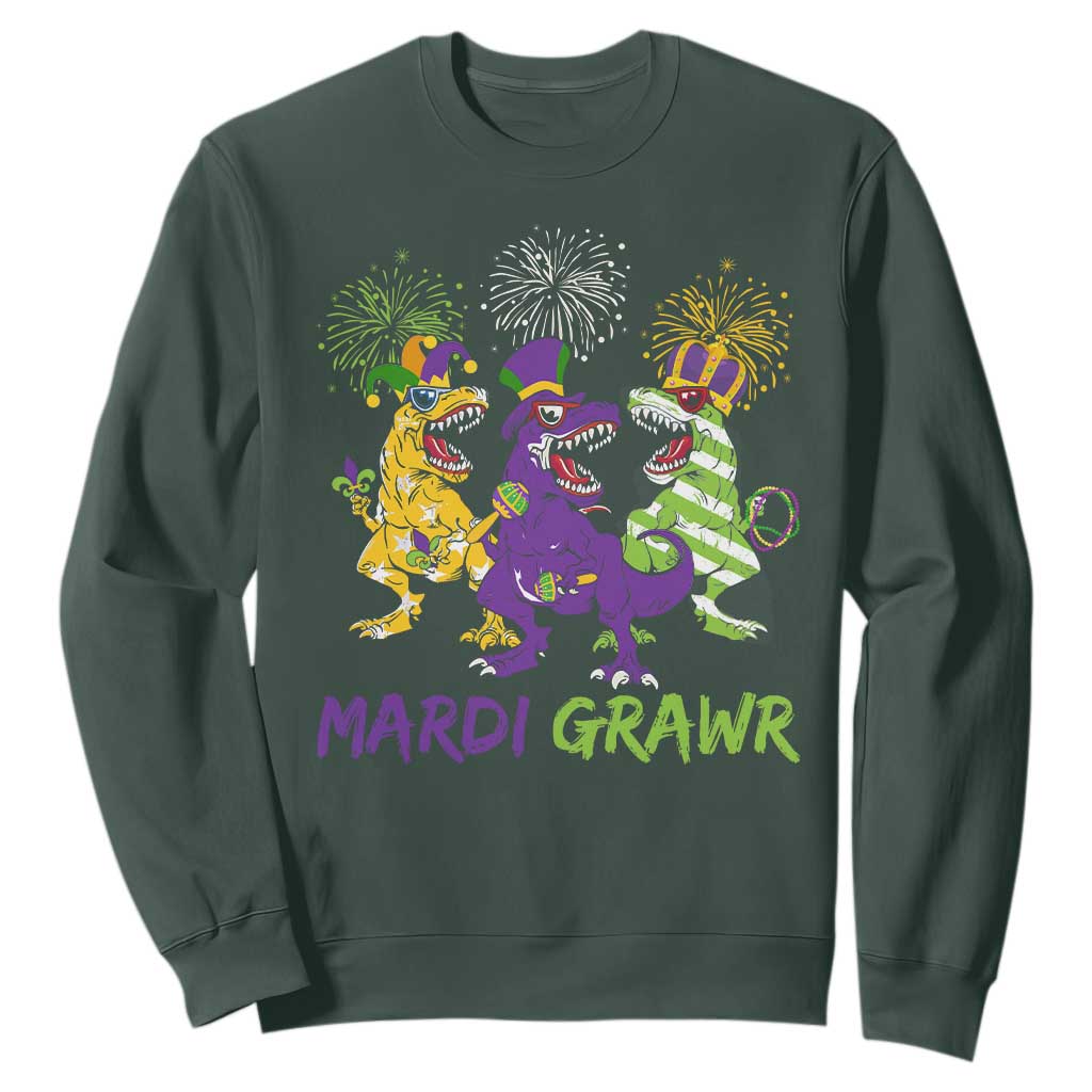 Mardi Gras Dinosaur Sweatshirt Dino Mardi Grawr Firework TS10 Dark Forest Green Print Your Wear