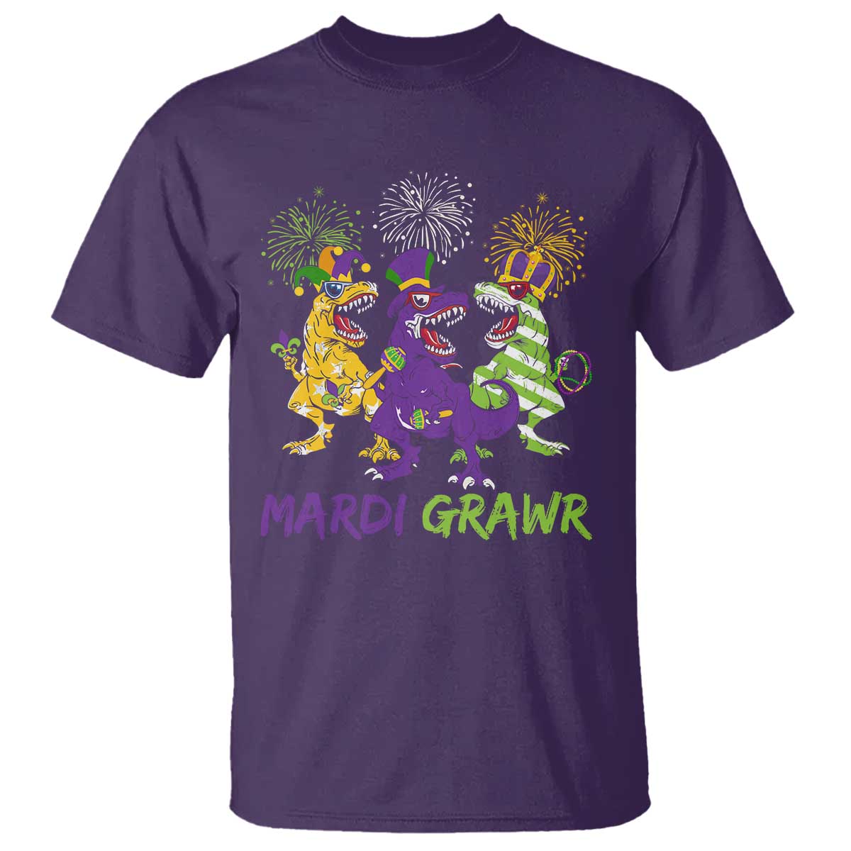 Mardi Gras Dinosaur T Shirt Dino Mardi Grawr Firework TS10 Purple Print Your Wear
