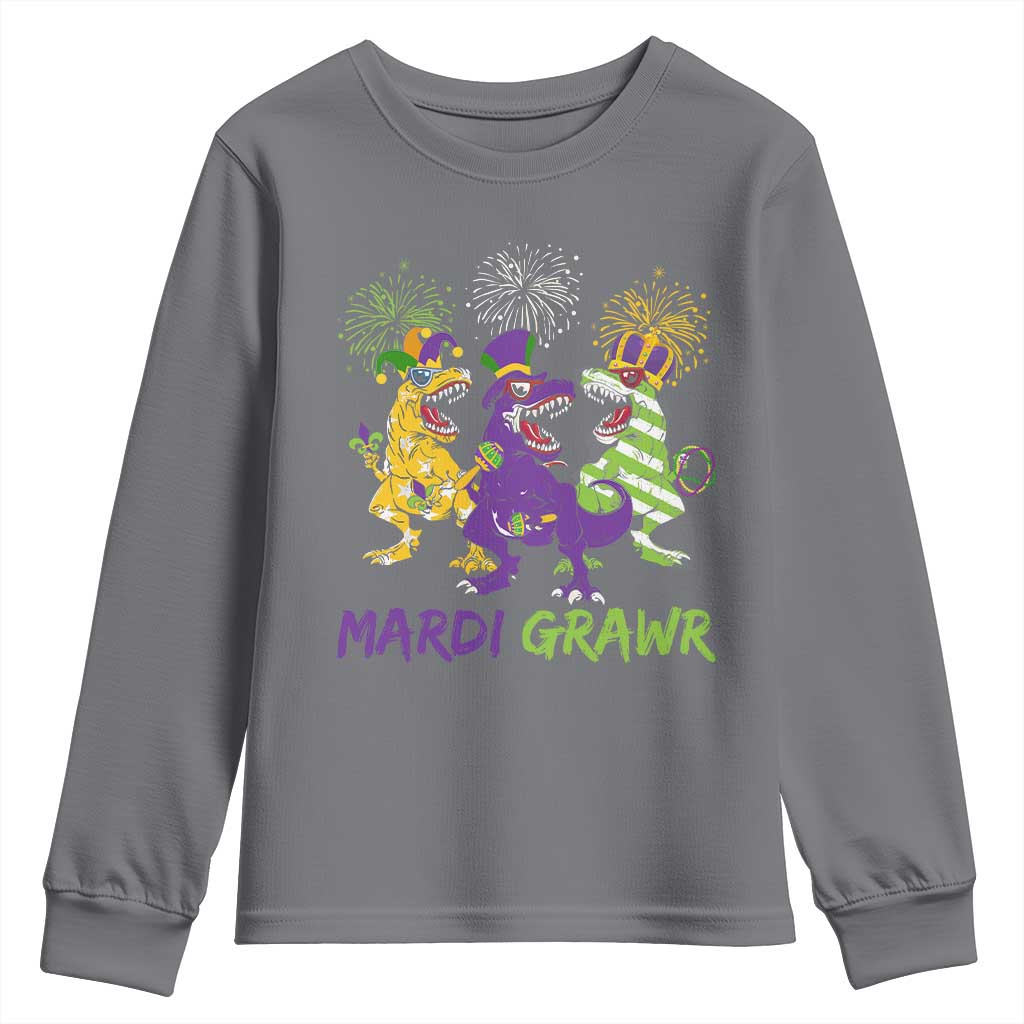 Mardi Gras Dinosaur Youth Sweatshirt Dino Mardi Grawr Firework TS10 Charcoal Print Your Wear