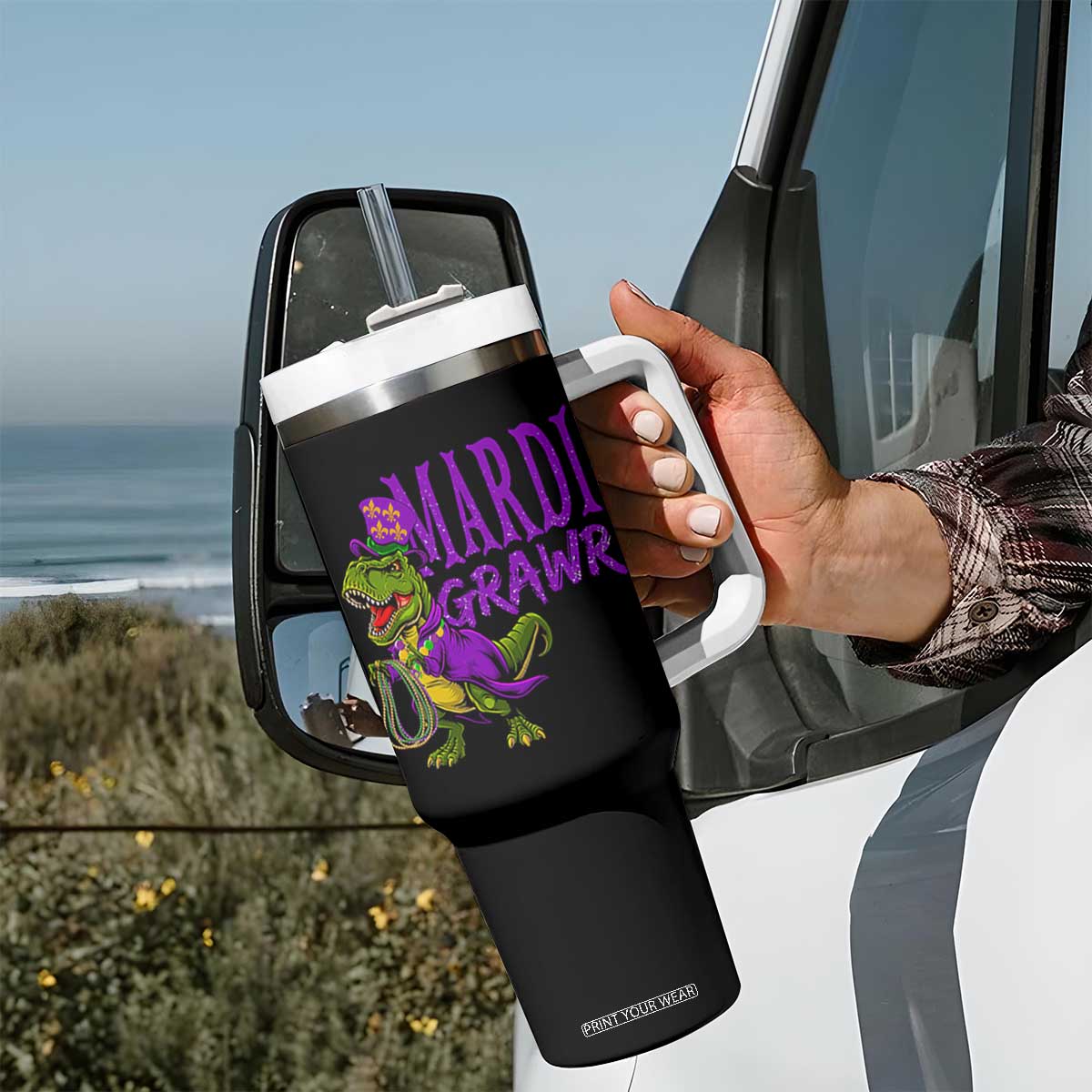 Dinosaur Mardi Gras Tumbler With Handle Funny Meme New Orleans Party Custume Beads TS10 Print Your Wear