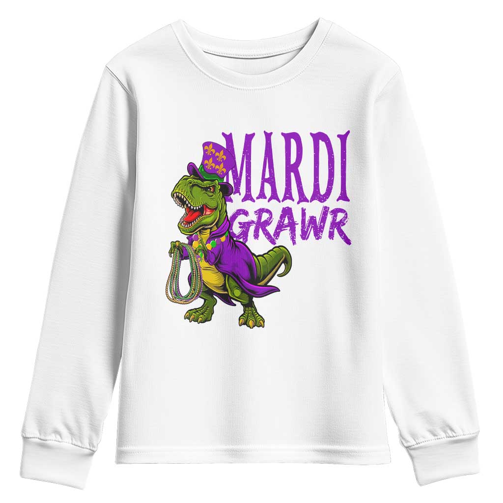 Dinosaur Mardi Gras Youth Sweatshirt Funny Meme New Orleans Party Custume Beads TS10 White Print Your Wear