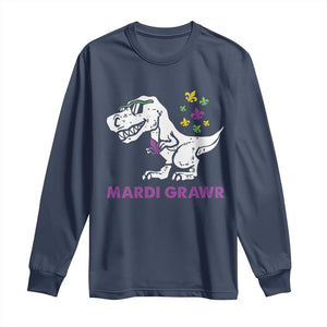 Mardi Gras Grawr Dinosaur Long Sleeve Shirt Fat Tuesday Kids TS10 Navy Print Your Wear