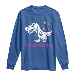 Mardi Gras Grawr Dinosaur Long Sleeve Shirt Fat Tuesday Kids TS10 Royal Blue Print Your Wear