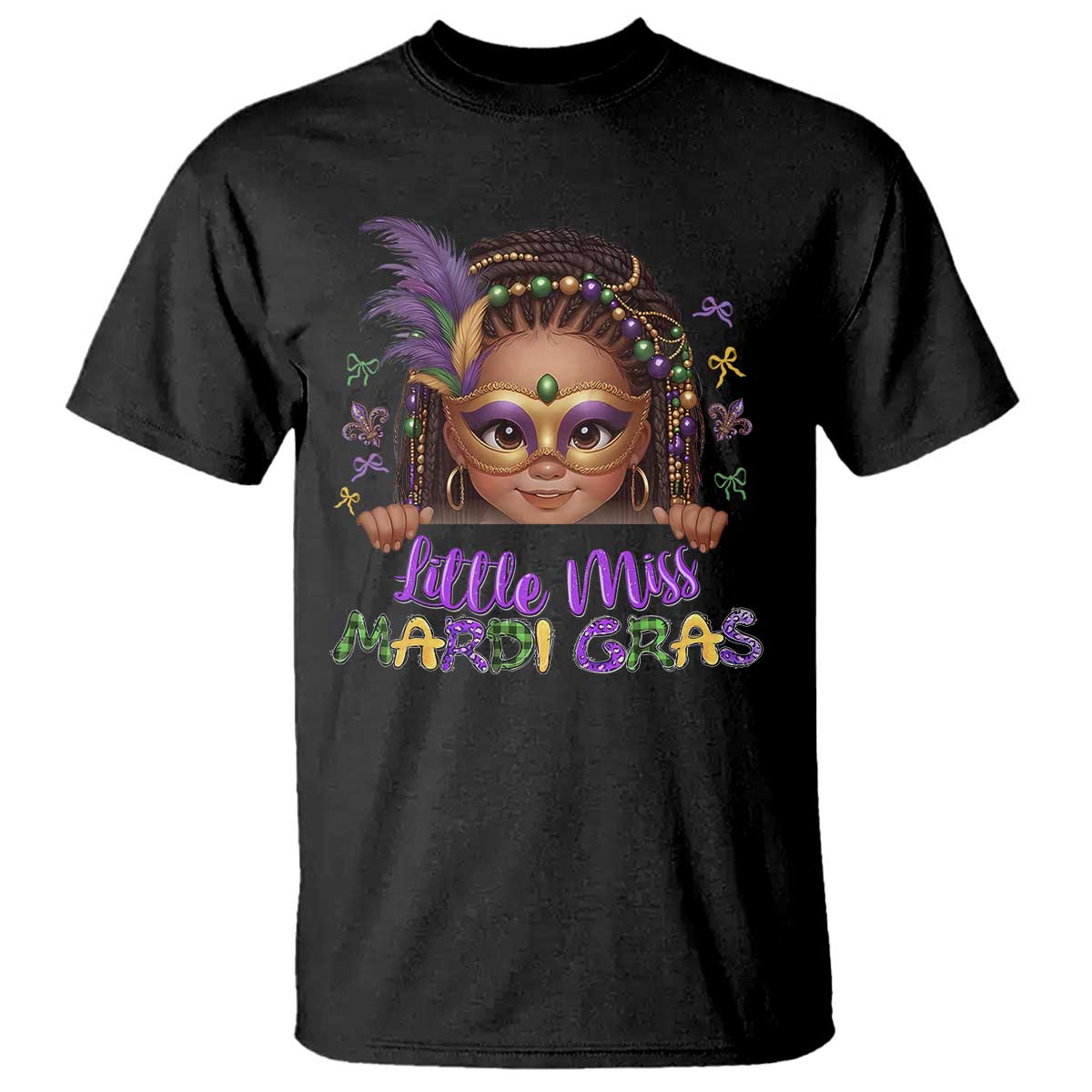 Little Miss Mardi Gras T Shirt Afro Messy Bun Girls Kids Mask Cute New Orleans TS10 Black Print Your Wear