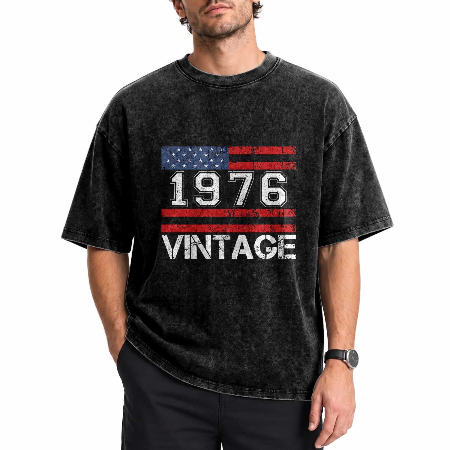 Vintage 50th Birthday Washed Cotton T-Shirt Retro 1976 American Flag 50 Year Old