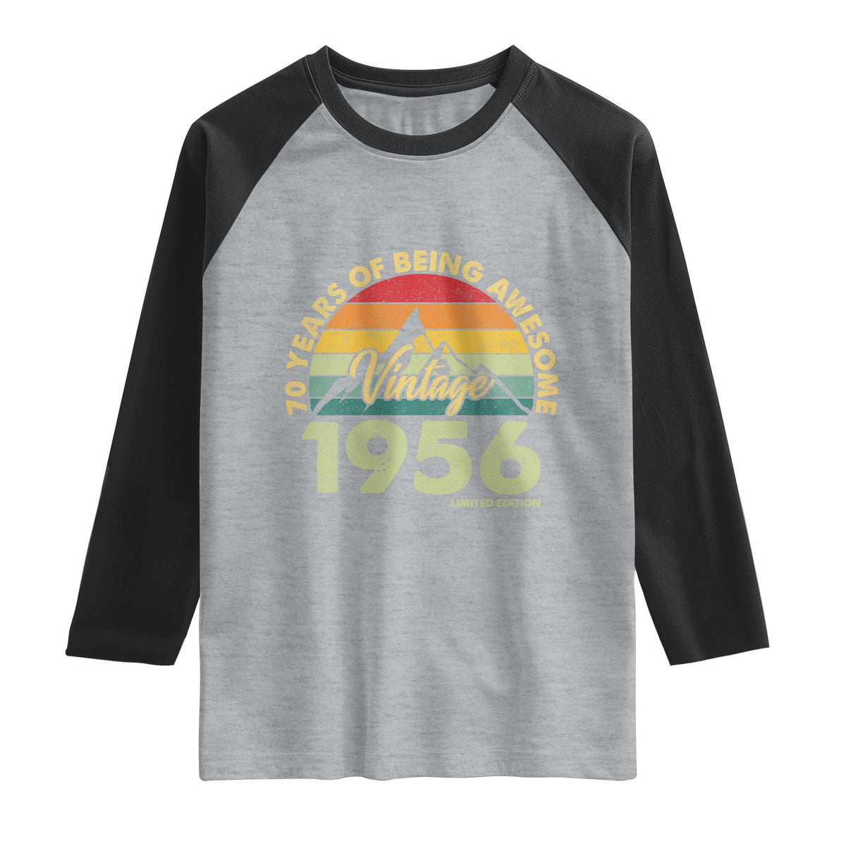 70th Birthday Raglan Shirt Vintage 1956 Limited Edition 70 Year Old Gift TS10 Heather Gray Black Print Your Wear