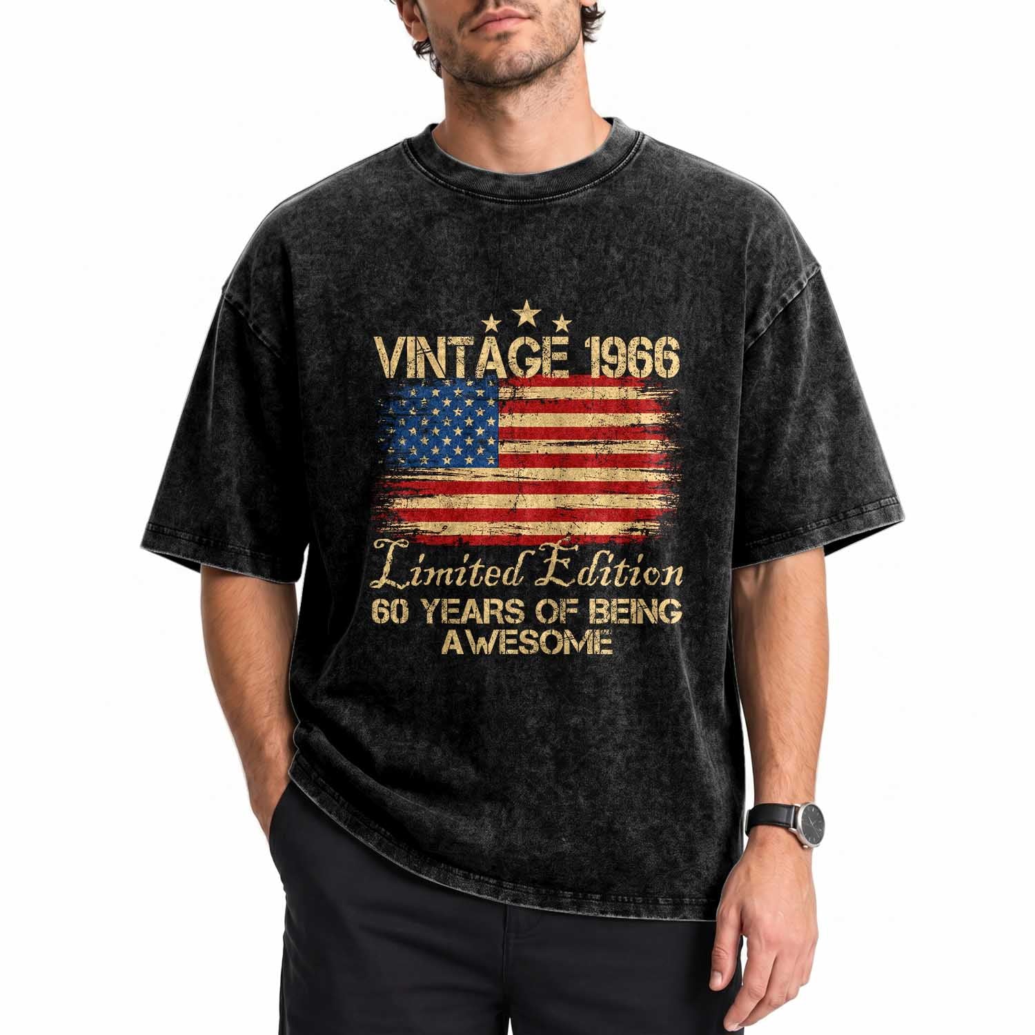 60th Birthday Washed Cotton T-Shirt Vintage 1966 Limited Edition 60 Year Old Birthday USA Flag