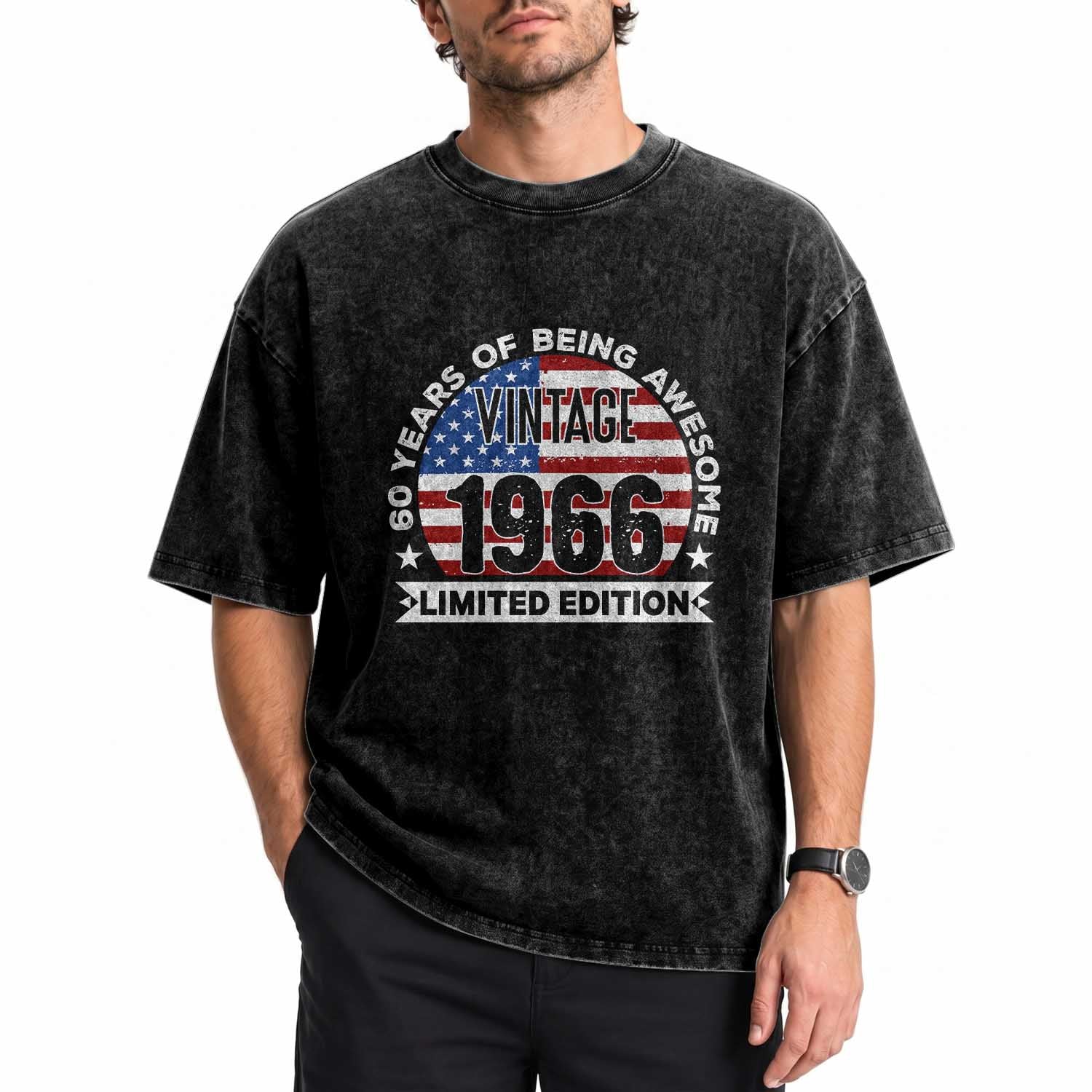 60th Birthday Washed Cotton T-Shirt Vintage 1966 60 Year Old Birthday American Flag