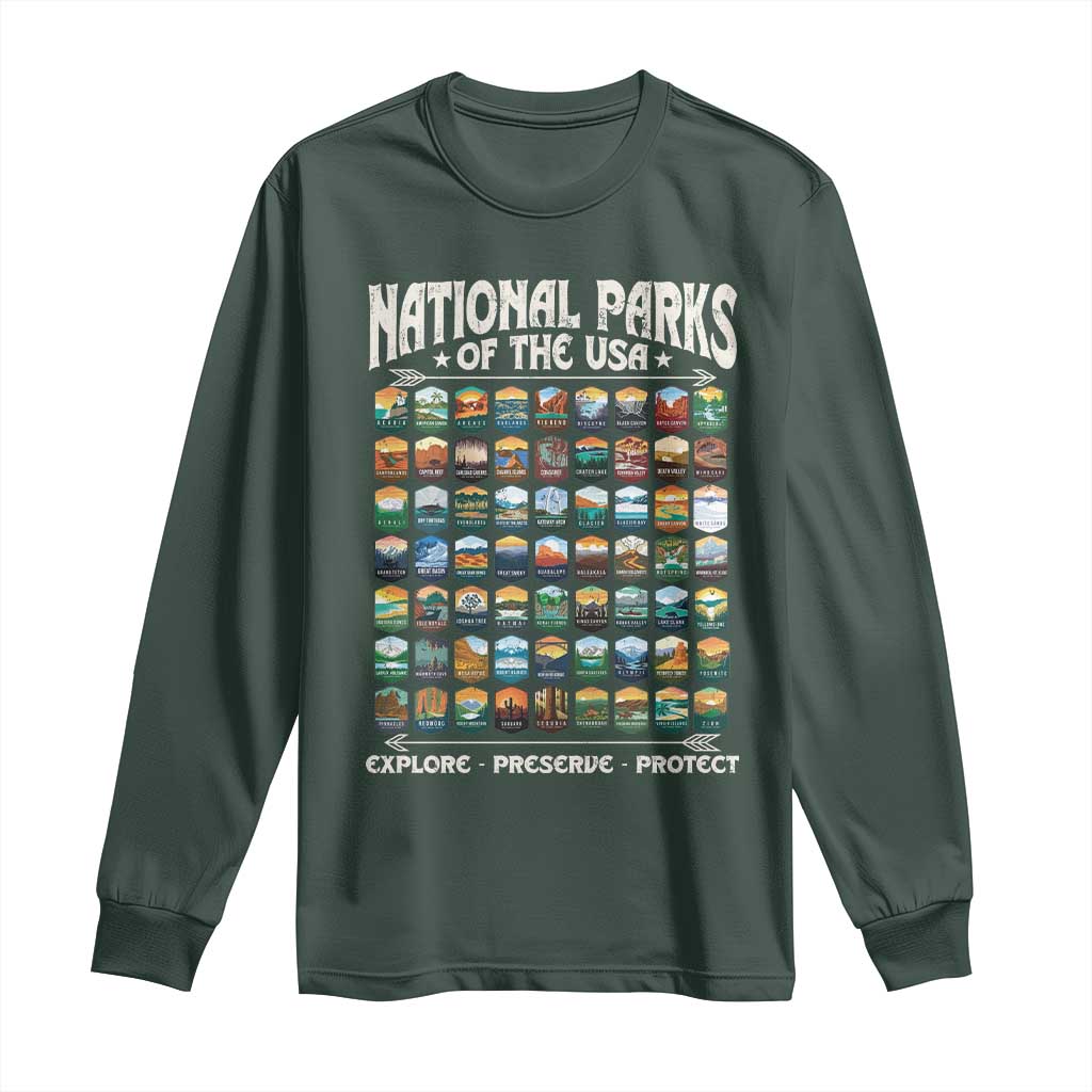 Protect Our National Parks Long Sleeve Shirt 63 Parks Over Profits Camping Hiking Sunrise Pine Tree TS10 Dark Forest Green Print Your Wear