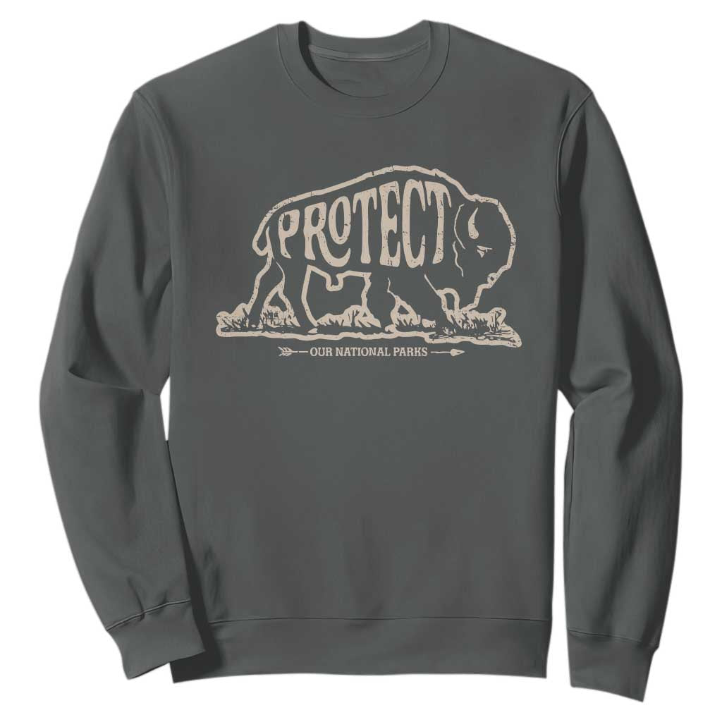 Protect Our National Parks Sweatshirt Bison Buffalo Vintage TS10 Dark Heather Print Your Wear