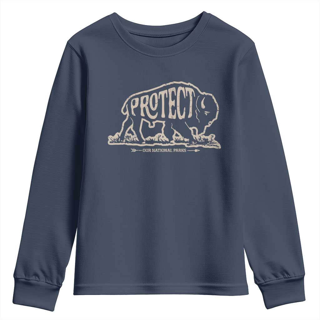Protect Our National Parks Youth Sweatshirt Bison Buffalo Vintage TS10 Navy Print Your Wear