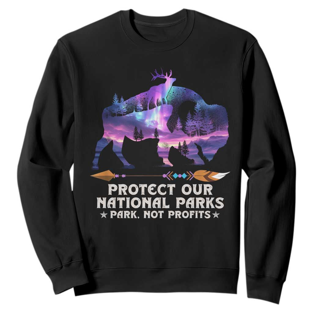 Protect Our National Parks Sweatshirt Bison Forest Starscape Aurora TS10 Black Print Your Wear