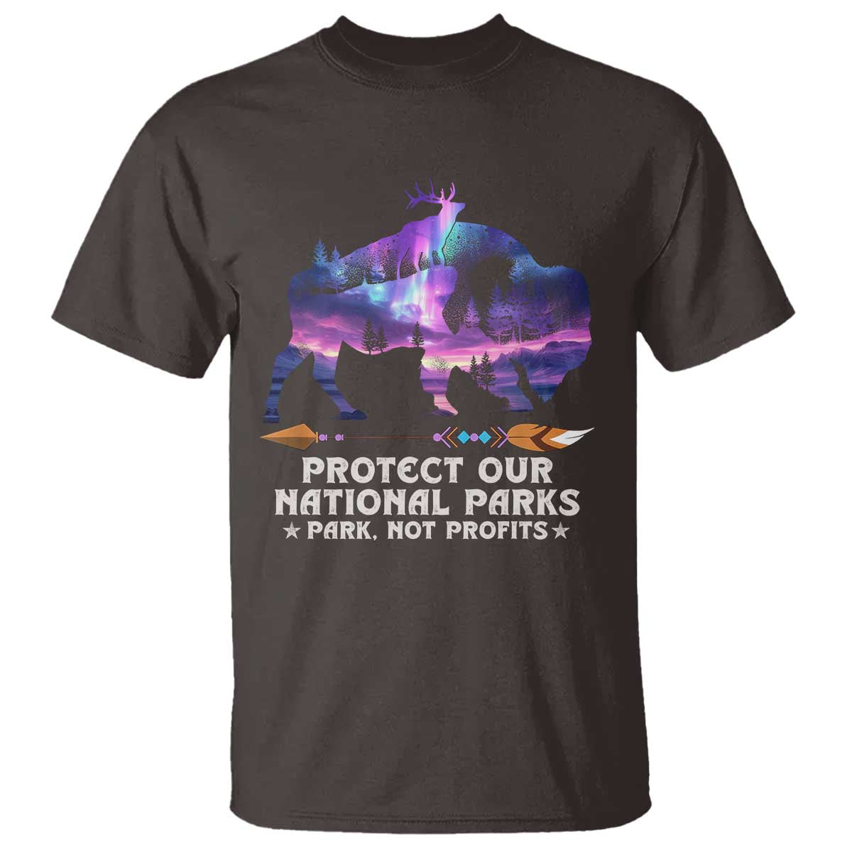 Protect Our National Parks T Shirt Bison Forest Starscape Aurora TS10 Dark Chocolate Print Your Wear