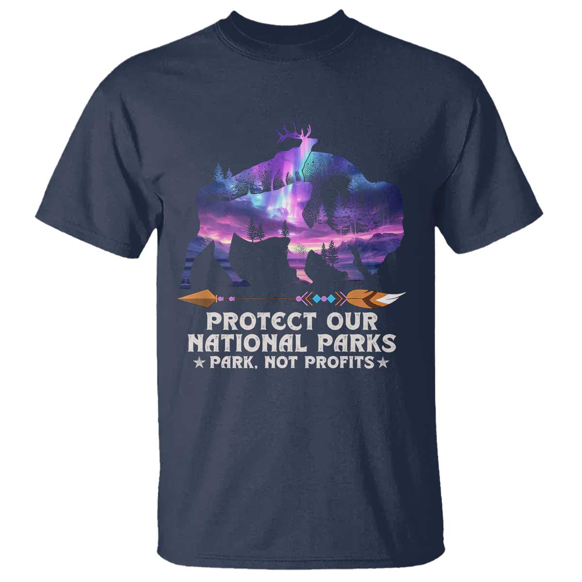 Protect Our National Parks T Shirt Bison Forest Starscape Aurora TS10 Navy Print Your Wear