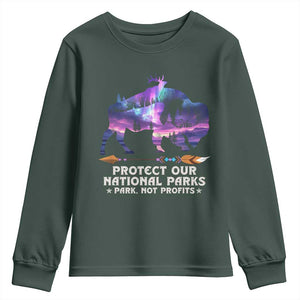 Protect Our National Parks Youth Sweatshirt Bison Forest Starscape Aurora TS10 Dark Forest Green Print Your Wear